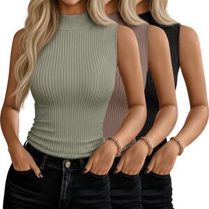 Y2K Mock Turtleneck Fitted Top Sleeveless 3 Pack Stretch Layering Basics Style